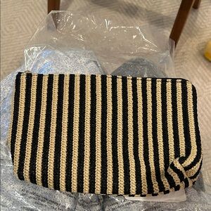 Brand new Madewell Black and Tan Striped Cosmetic Bag/clutch w/zip top in raffia